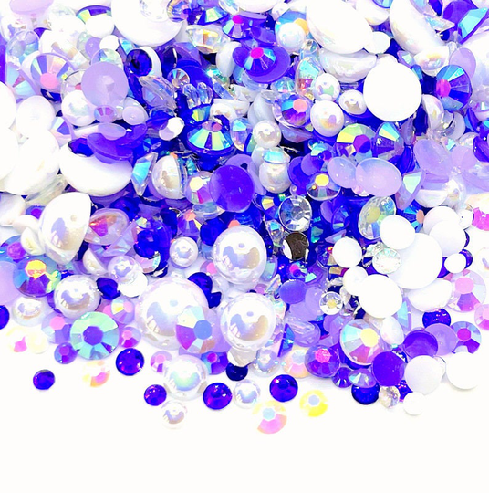 Juicy Grape Blend Rhinestone Mix 2mm-10mm Flatback Jelly Resin | Faux Pearls Rhinestones Mixed Size Purple White Clear