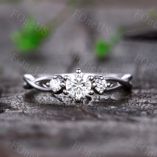 Unique Three Stone Moissanite Ring 5mm Round Cut Moisaanite Engagement Delicate Wedding White Gold Bridal Promise