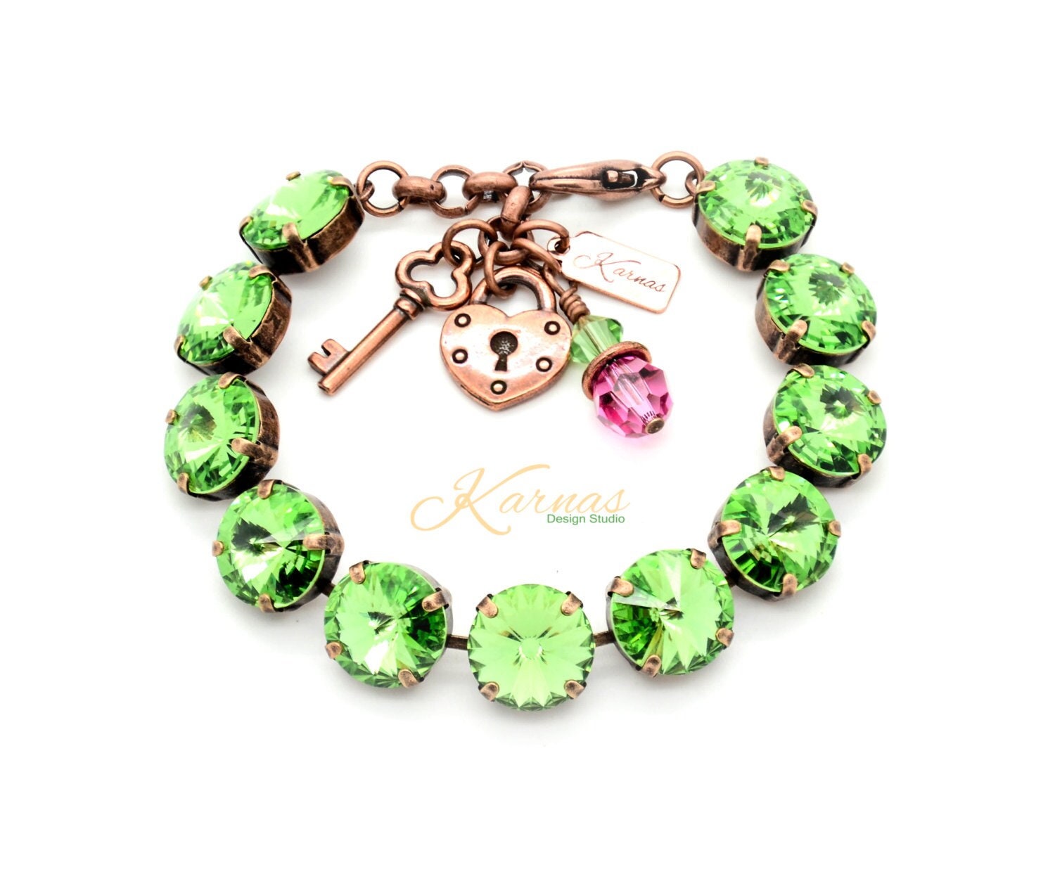 Peridot 12mm Charm Bracelet Made With K.d.s. Premium Crystal Choose Your Finish Karnas Design Studio Free Shipping