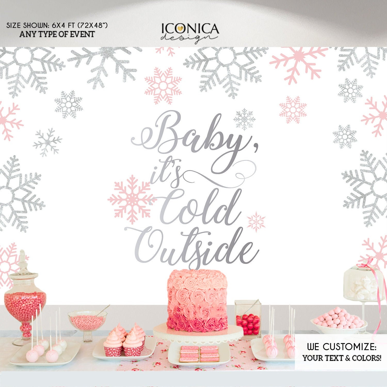 Baby It's Cold Outside Backdrop, Pink & Silver Snowflakes Banner, Christmas Party - Printed Or Printable File Bho0025