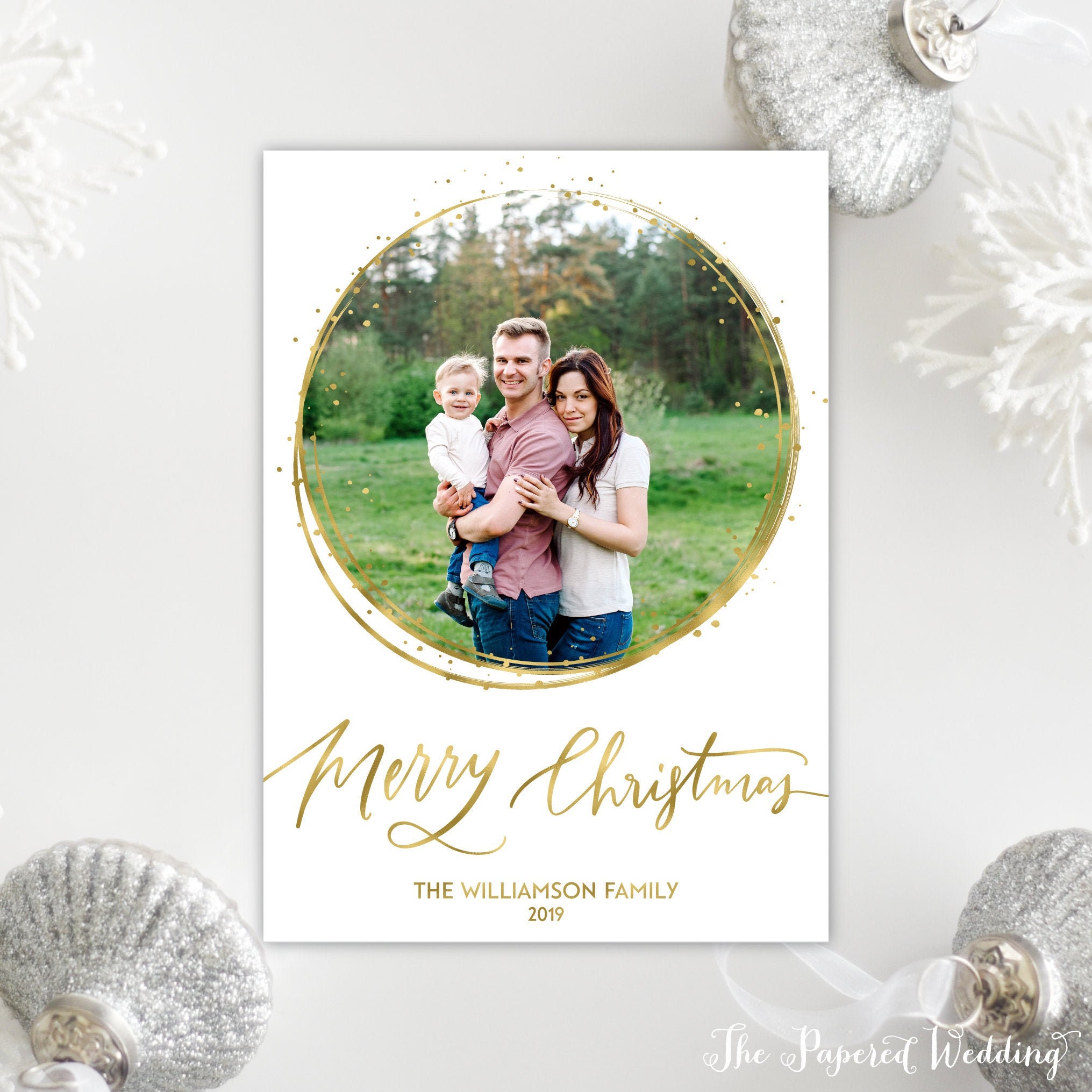 Printable Or Printed Photo Christmas Cards in Faux Gold Foil - Modern, One Picture Holiday & White 078 P1