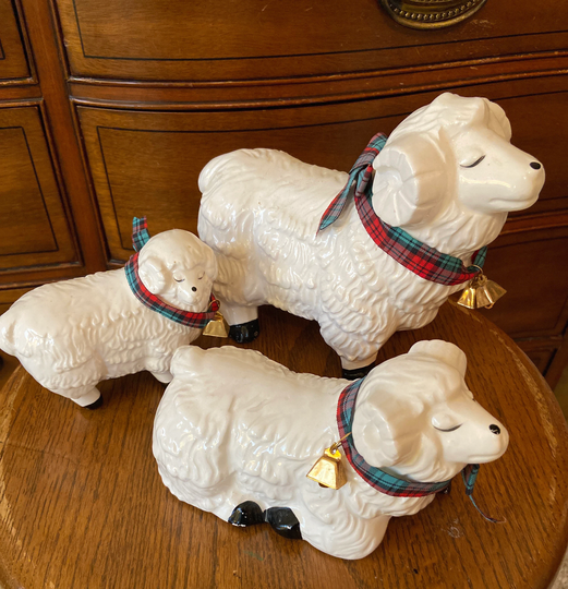 Set Of Three Ceramic, Taiwan Made, Sheep With Plaid Ribbon Around Their Necks & Little Brass Bells. So Cute On The Mantle