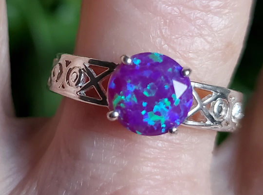 Deep Lavender Opal Filigree Ring, 8mm Faceted Blue Flash Lab Created Opal, 925 Sterling Ring
