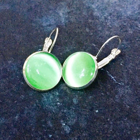 Pale Green Cat's Eye Lever-Back Earrings, Sterling Silver .925, 14mm, Round, Genuine Cats Stone, Light Green, Large Gemstone Earrings