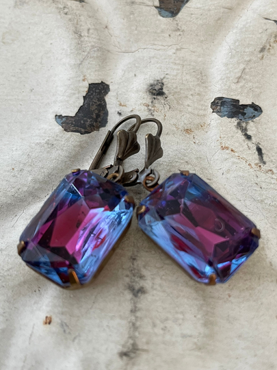 Sapphire+Ruby Rhinestone Earrings Rare Vintage Two Tone Blue & Fuchsia July+ September Blend Art Deco Last Pair
