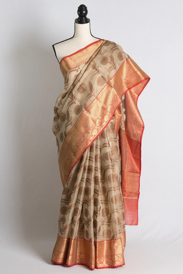 Blended Zari Kota Banarasi Saree in Beige, Red & Antique Gold | Bengal Looms
