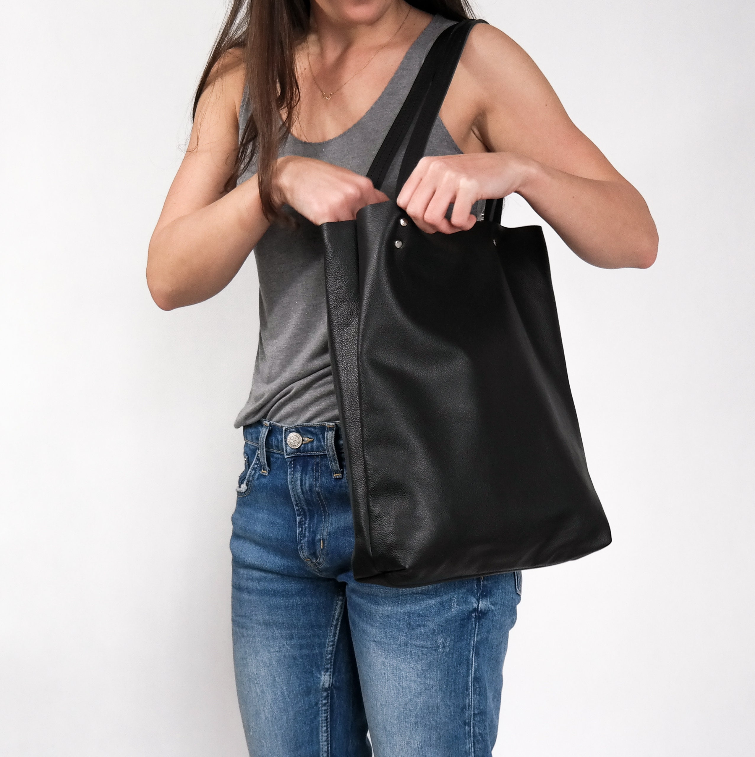 Leather Tote Bag - Black Leather Purse Natural Book Womens Tote Bag, Handbag, Women, Simple Shoulder Qb