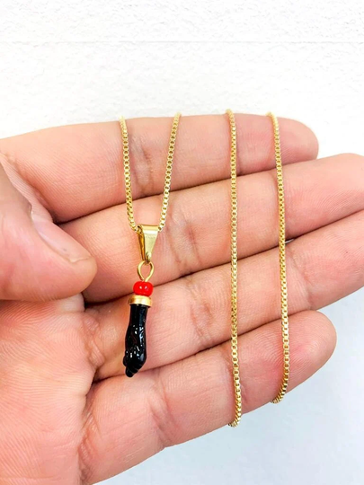 Black Azabache Hand Necklace Box Link Chain 18" Inch 18K Gold Filled For Womens/Protection Jewelry Cadena De