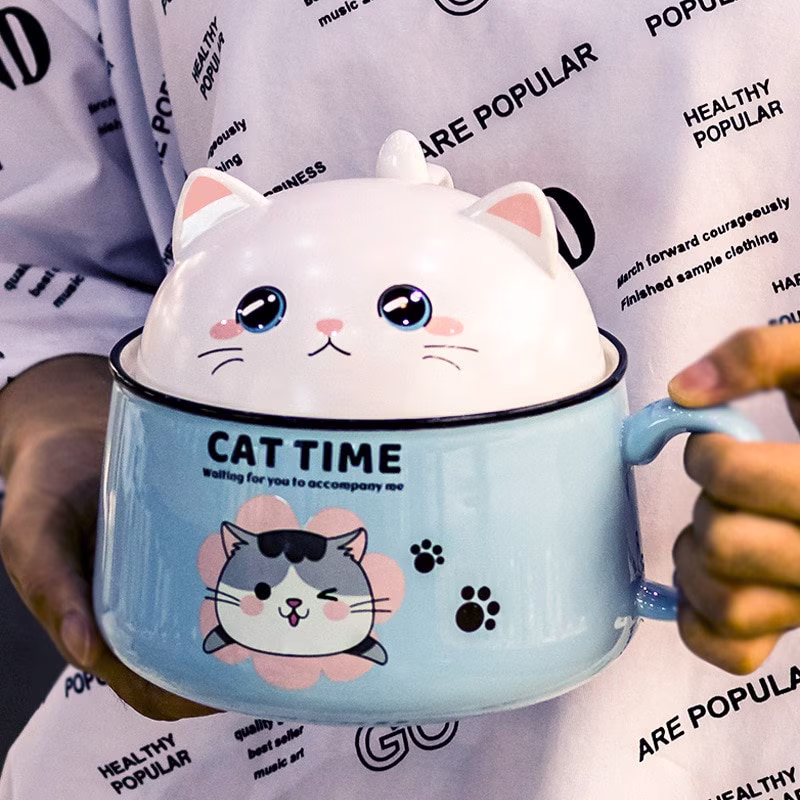 Cute Cat Shaped High Capacity Instant Noodle Bowl With Lid