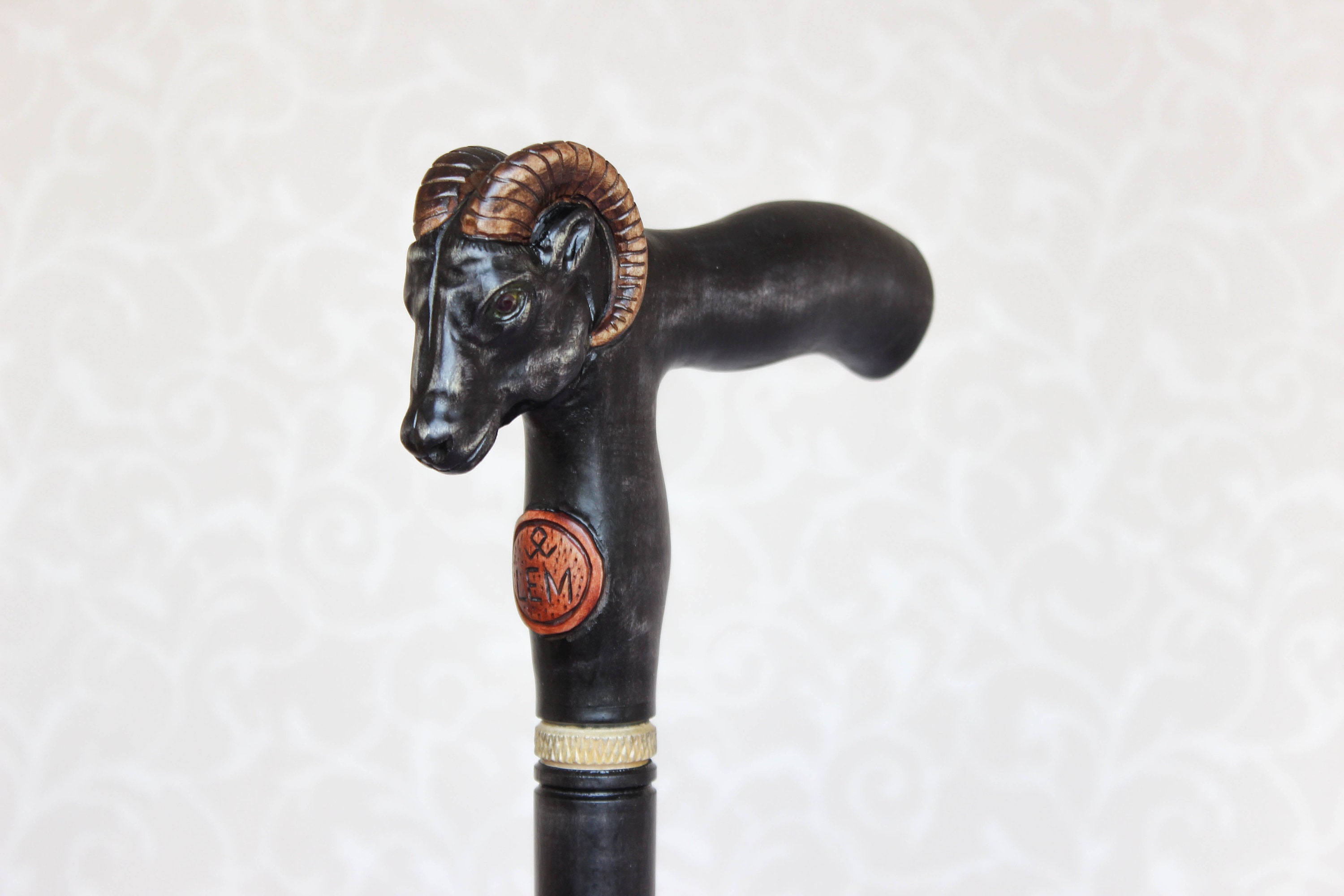Aries Walking Cane Black Wooden Staff Ram Carved Handle Zodiac Gift From Ukraine Hiking Stick Sticks Canes