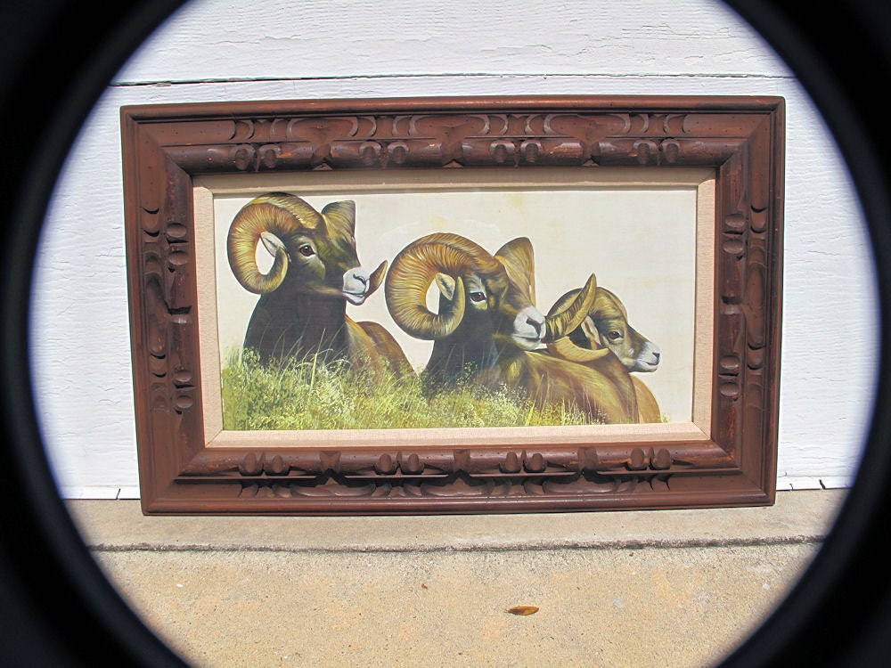 Vintage Ram Painting, Himalayan Wildlife Painting Of Marco Polo Rams in Watercolor On Silk By Kapil, Framed-Free Domestic Shipping