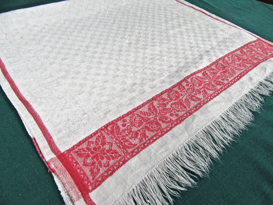 Vintage Damask Towel With Red Striped Design On White Checked Woven Pattern Cotton/Kitchen Towel/ Dish