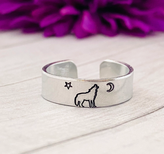 Wolf Ring, Moon & Stars Ring, Inspirational Keep Going You Got This, Daily Reminder Hand Stamped Aluminum