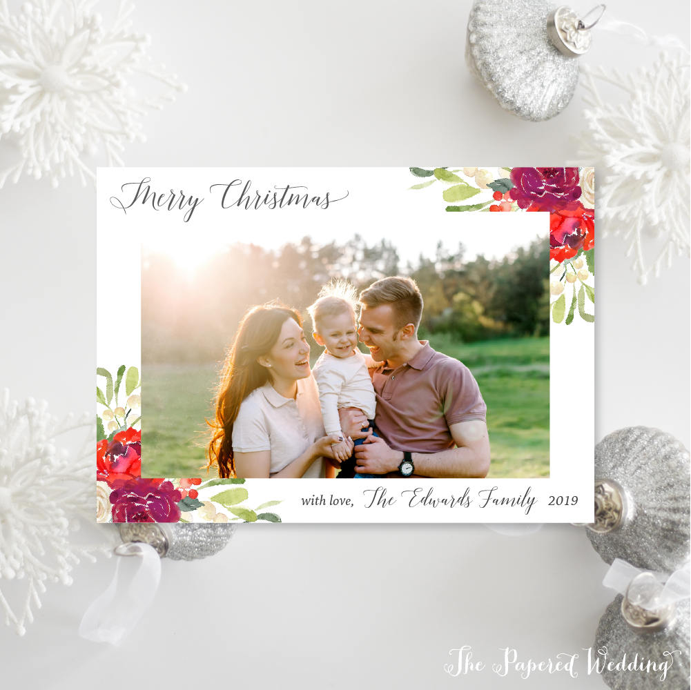 Printable Or Printed Red Floral Christmas Cards - Flower Merry Photo With One Picture Landscape Card 011 P1