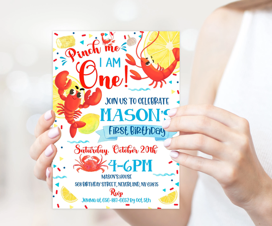 Editable Crawfish Boil Birthday Invitation - Pinch Me I Am One First Party Invite 1st Instant Download Template Digital | 22-18