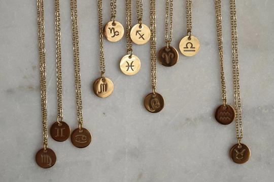 Gold Zodiac Disc Necklace, Birth Signs, Chain Personalize Gift Mom, Astrology Gift, Signs Gift, Horoscope, For Her