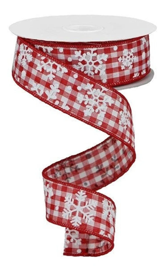 Snowflakes On Red/White Check Wired Ribbon, Snowflake Christmas 1.5" X 10 Yard Bows, Snow