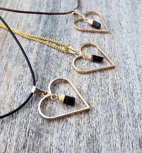 Black Tourmaline Heart Shaped Crystal Pendant Necklace