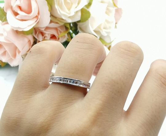 3mm Baguette Full Eternity Wedding Band Ring Round Simulated Diamond Cz 925 Sterling Silver Stackable Invisible 4mm Band Gift