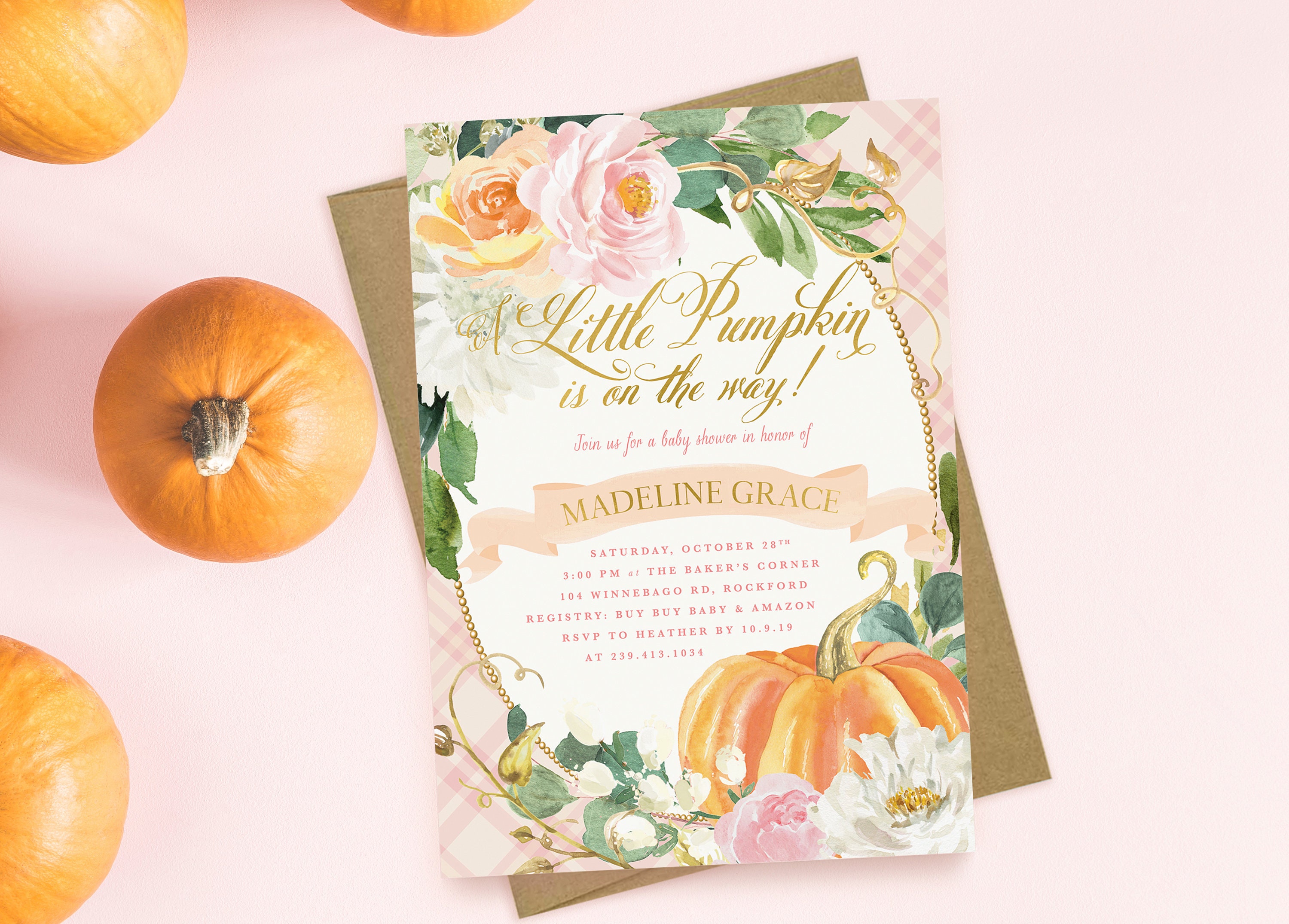 Pumpkin Baby Shower Invitation, Fall Invitation Girl, Little Is On The Way , Pink & Orange - 16