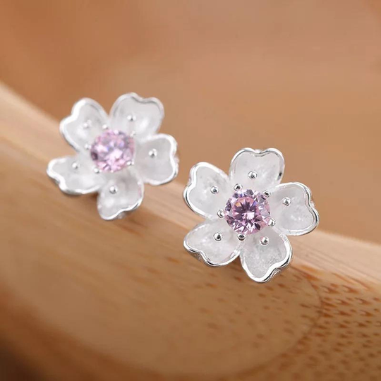 Cherry Blossom Flower Earrings, Cubic Zirconia Stone Earrings Minimalist Stud Cz Studs, Floral Crystal
