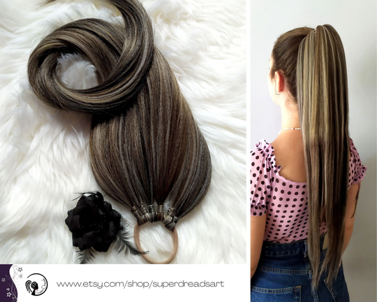 Brown Blonde Ponytail Extensions, Blended Hair On Elastic Band, Synthetic Extension Hairband, Wig, Falls, Nutty Lady