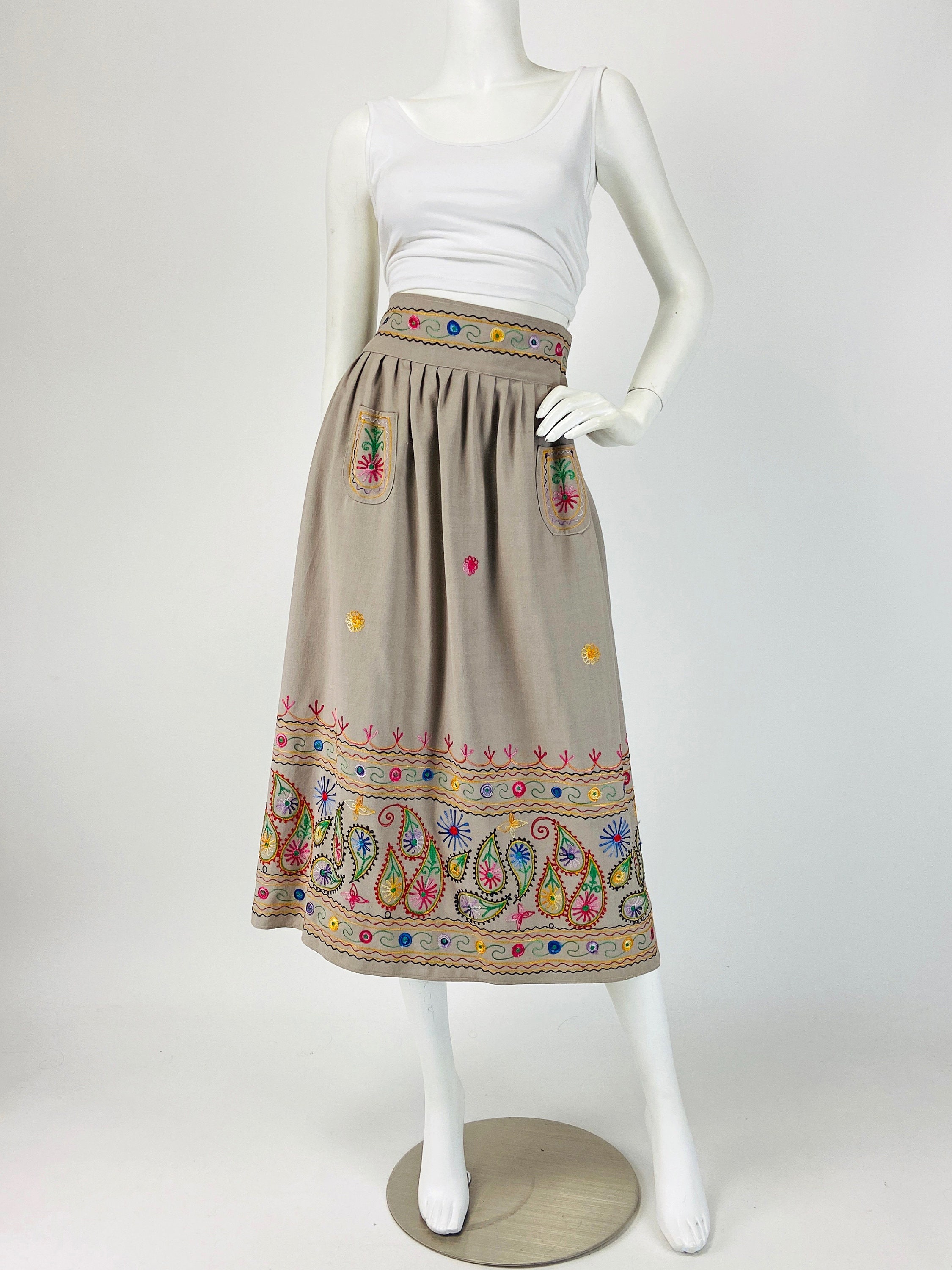 Vintage 70S Skirt, Embroidered Linen Midi Boho Ethnic Paisley Small Medium, Size 6 8 Us, 10 12 Uk Y053