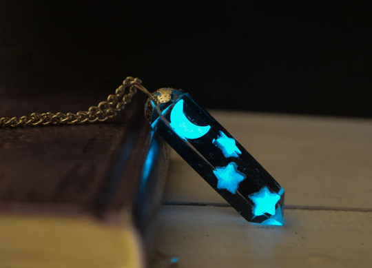 Glowing Moon & Stars Crystal Necklace, Point Crescent Pendant