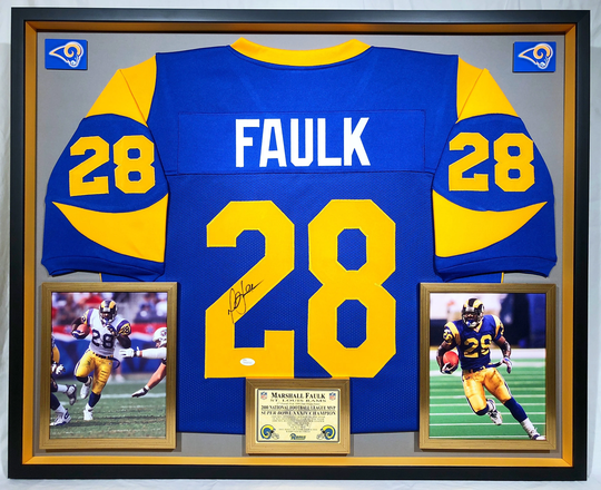 Premium Framed Marshall Faulk Autographed/Signed Rams Jersey - Jsa Coa