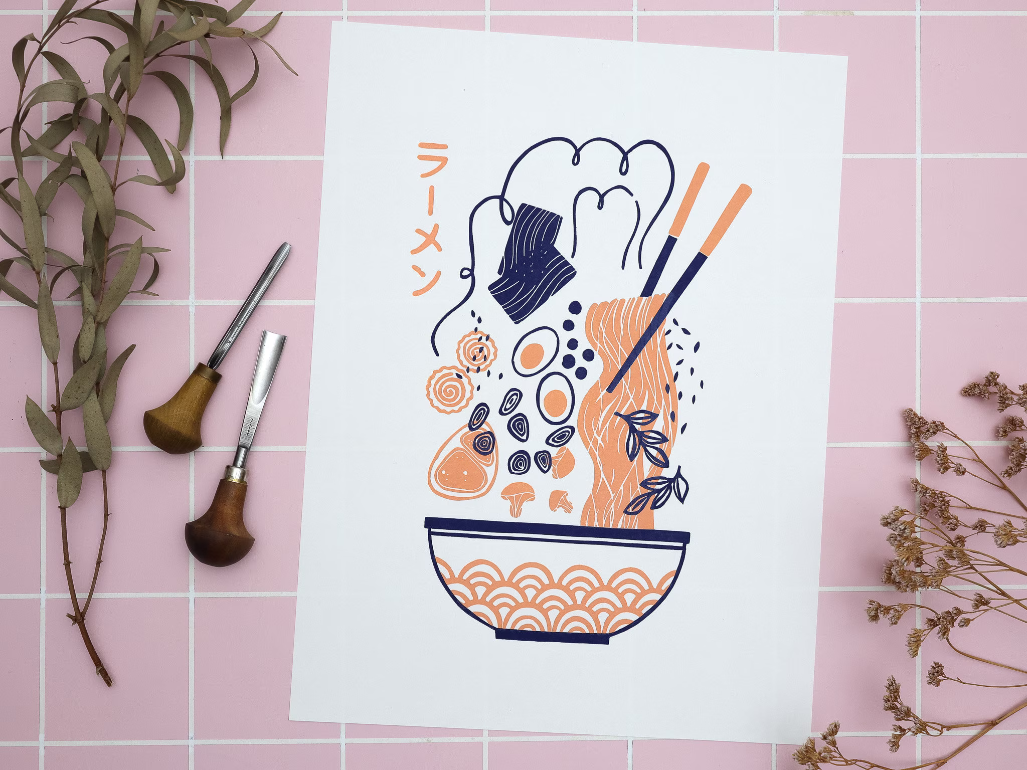 Colorful Linocut Print Ramen Noodles, Hand Printed Lino Japanese Noodle Soup, Original Linoleum Art Japan Lovers, Dining Room
