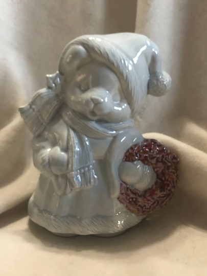 Sheer Blue Glazed Ceramic Christmas Bear With Red Crystal Wreath