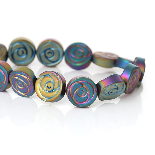 10mm Titanium Coated Hematite Gemstone Rose Flower Beads . Genuine Carved Stone, Full Strand, About 41 Beads, Ghe0080