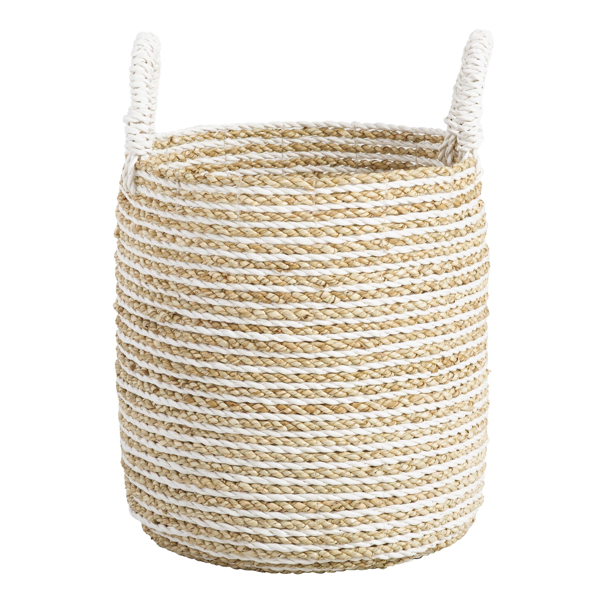 Small Striped Seagrass Bianca Tote Basket: White - Natural Fiber by World Market