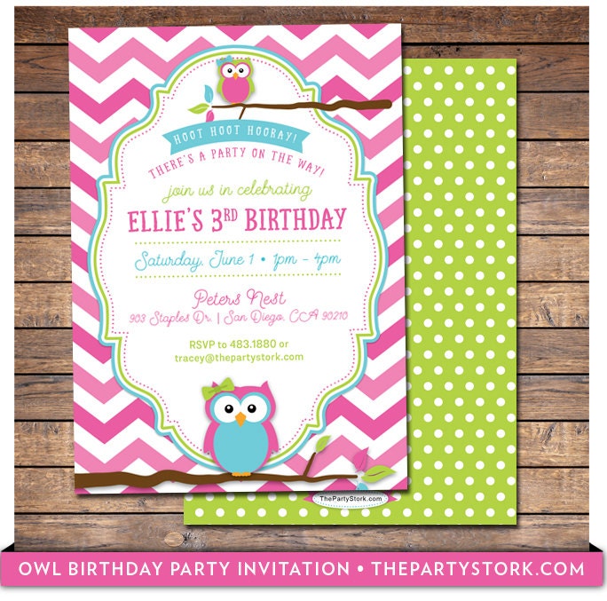 Owl Birthday Party Invitations | Printable Girl Invitation Pink Chevron Green Blue See Our Shop For Matching Decorations & Invites