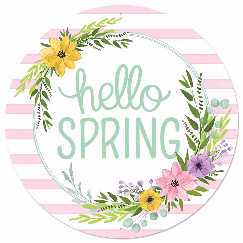 Spring Metal Sign, Hello Floral Wreath, 12" Diameter Metal Sign