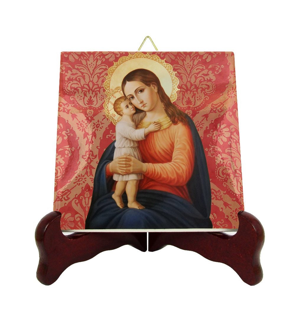 Virgin Mary - Eleusa Religious Icon On Ceramic Tile Handmade Gifts For Him & Her Mother Icons