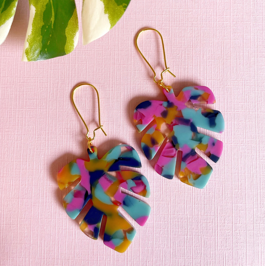 Miami Beach Monstera Leaf Earrings in Pink & Turquoise