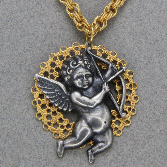 Handmade Art Necklace Brass Silver Cupid Cherub Gold Filigree Bow & Arrow Chain 22 Inch Lobster Claw Closure Oscarcrow