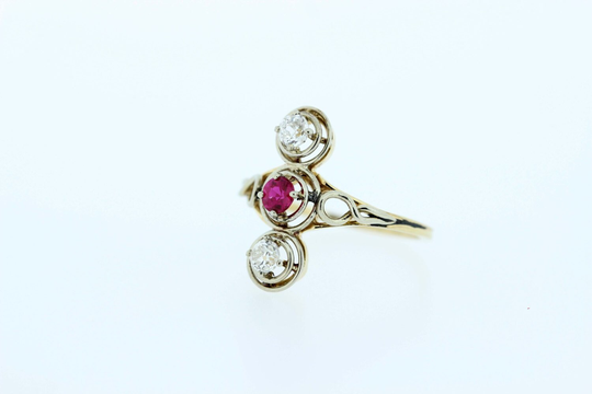 14K Gold Two Tone Ring With Diamonds & Ruby