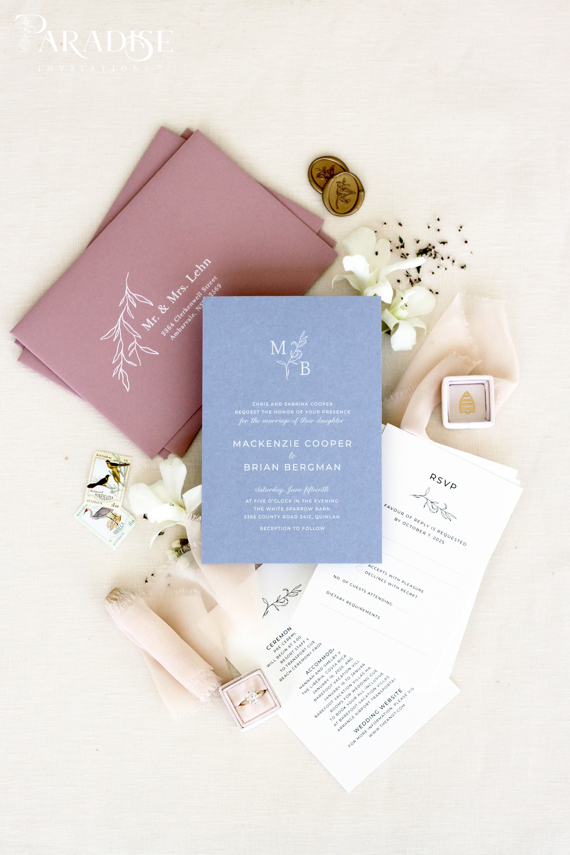 Delacroix Dusky Blue Wedding Invitations, Wild Rose Envelopes, White Ink Printing, Vellum Jackets & Wax Seals, Fully Customisable