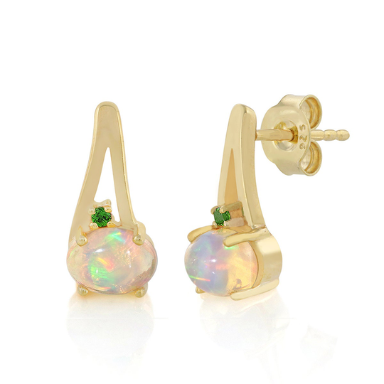 Opal With Chrome Diopside Studs Earring 925 Sterling Silver Stud Earrings Natural Gemstone Round Shape