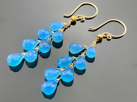 Long Blue Chalcedony Golden Pyrite Cascade 14K Gold Filled Earrings Gift