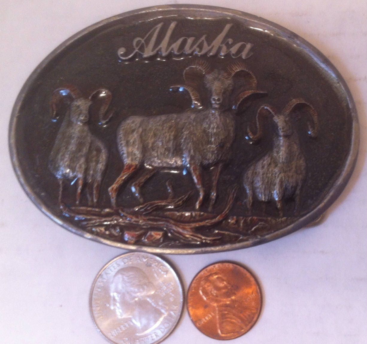 Vintage 1983 Metal Brass Belt Buckle, Made in Usa, Rams, Wildlife, Alaska, Sculptured By Artist Don Panetta, Cowboy, Country & Western