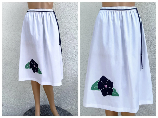 Vintage 70S Applique Skirt By Jvs, S/M, A-Line, White Navy & Green, Elastic Waist, Cotton Blend, Machine Wash, Measurements in Description