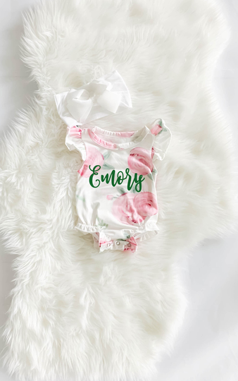 Personalized Newborn Girl Coming Home Outfit Gown Baby Shower Gift Watercolor Floral Bubble Ruffle Baby Outfit