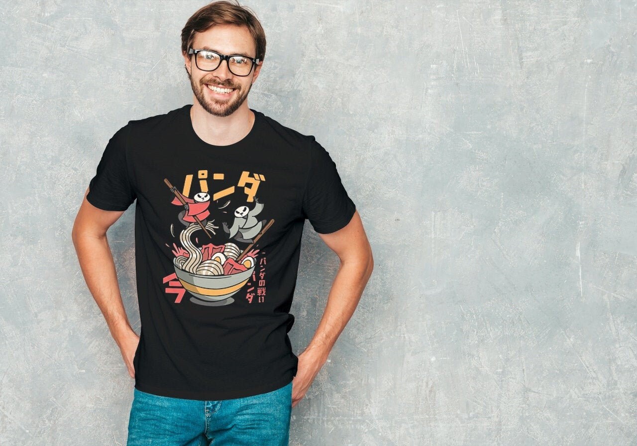 Japanese Anime Pandas Kung Fu Fighting in Ramen Shirt | Retro 90S Kawaii Tshirt Cute Red Cartoon T-Shirt Funny Manga Bear Tee Kanji