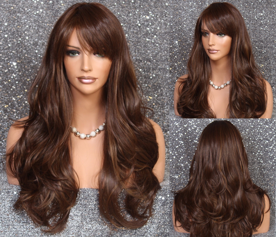 stunning Human Hair Blend Wig Brown Auburn Caramel Mix Long Layered Wavy Full Heat Resistant 28" Curls N Bangs Cancer/Alopecia/Cosplay