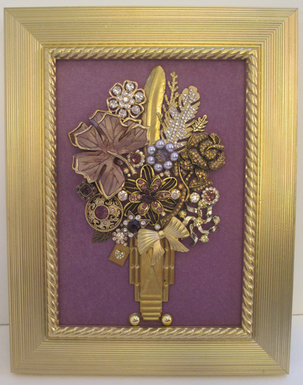 Jeweled Framed Jewelry Art Flower Bouquet Pale Purple Gold Vintage Deco Rhinestone Floral Fabulous