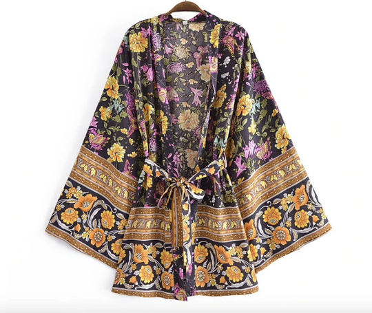Butterfly Floral Pattern Print Kimono/ Cotton Cover Up/ Beach Ups/Black Robe