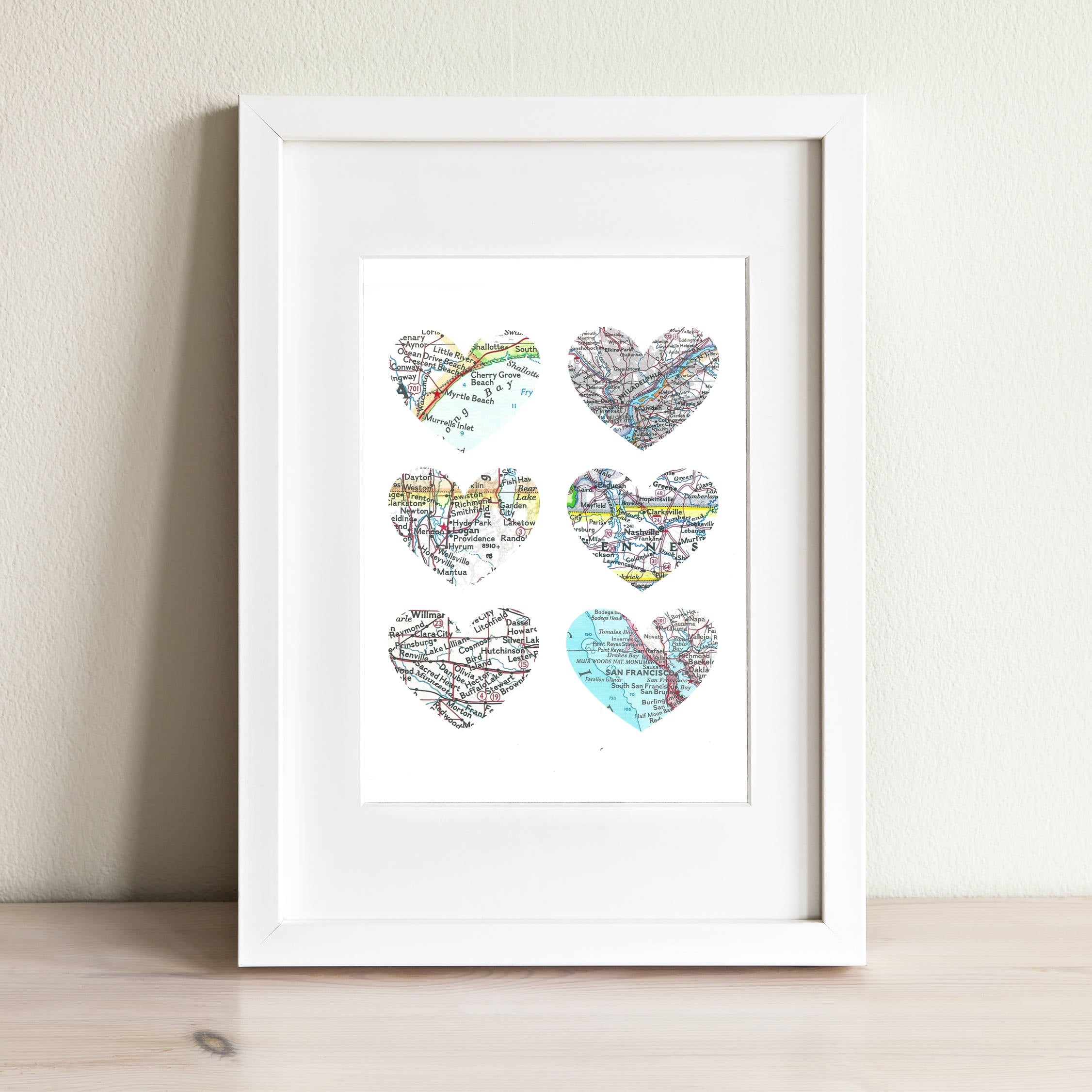 Custom Six Heart Map Art Print. Print Only. No Frame. You Select Locations Worldwide & Personalized Text. 6 Christmas Gift